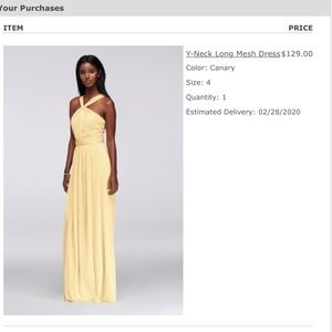 NWT David’s bridal Canary Yellow Y Neck bridesmaid